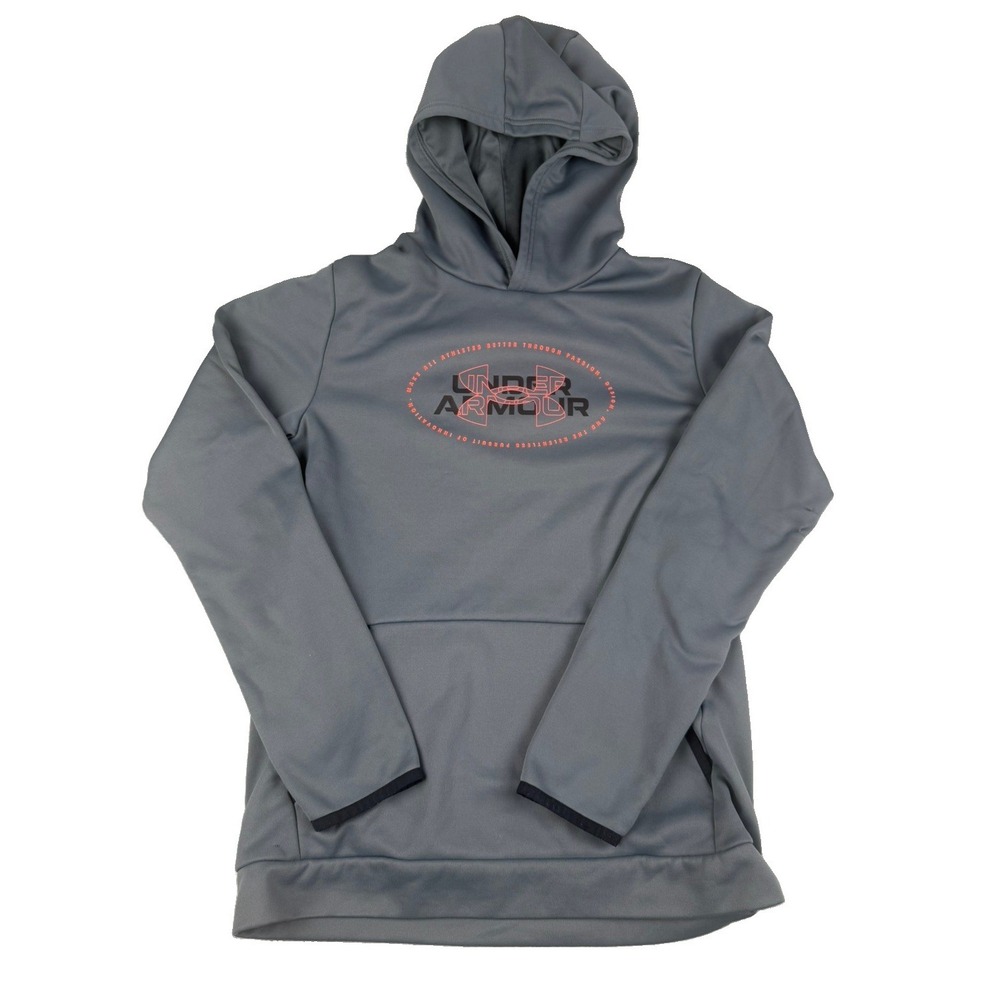 Under Armour Boys YXL ColdGear Hoodie Gray Orange Loose Fit Fleece Pullover